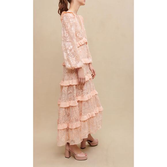 Maje Pale Pink Ruffled V-Neck Sequin Party Formal Dress Size 36/ US 4 - Picture 2 of 14